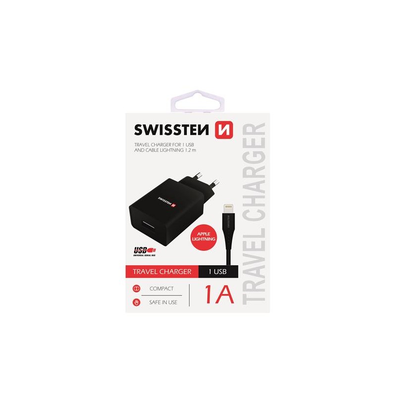 Swissten Ladeadapter SMART IC, CE 1x USB 1 A SCHWARZ+DATENKABELSWISSTEN USB/ Lightning