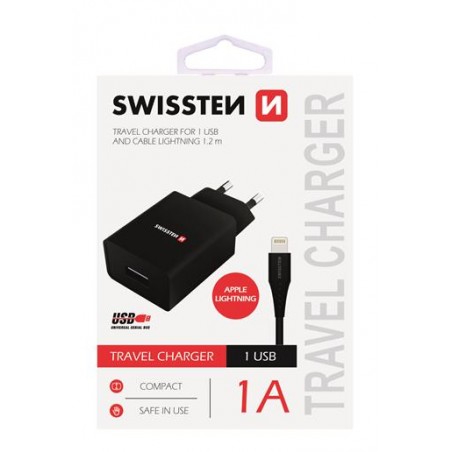 Swissten rechargeable adapter SMART IC, CE 1x USB 1 A BLACK+DATA CABLESWISSTEN USB/ Lightning