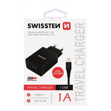 Swissten Ladeadapter SMART IC, CE 1x USB 1 A SCHWARZ+DATENKABELSWISSTEN USB/ Lightning
